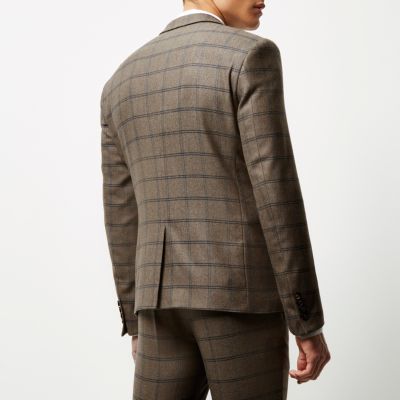 Ecru checked cropped skinny suit jacket